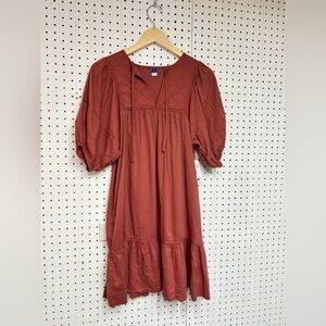 Old Navy Puff Sleeve Quilted Mini Swing Dress in Rust Orange
